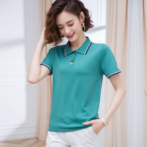 

новый короткие рукава женского сыпучего отворота полосатого цвета, соответствующего женского тонкий поло футболка воротник лед шелк вязаного, White