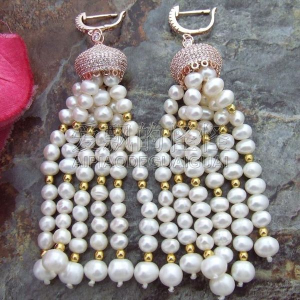 

women's natural white round pearl earrings -rose gold cz pave lever back, Golden