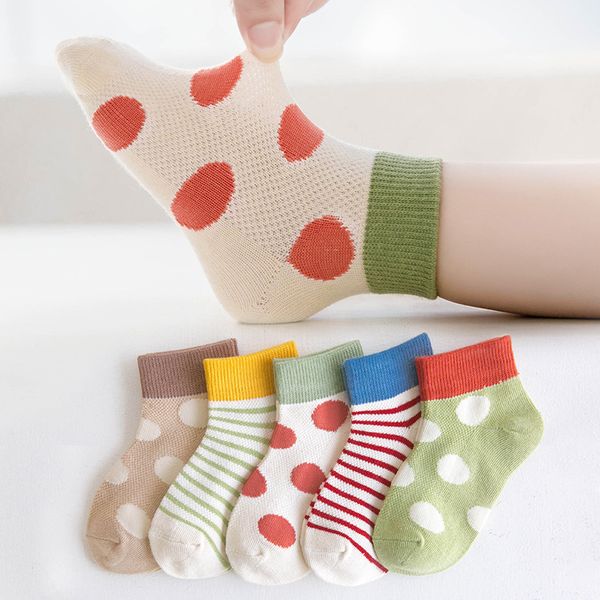 

5 pair=10pcs/lot baby socks summer mesh cotton polka dots plain stripes kids girls boys children socks for 1-10 year, Pink;yellow