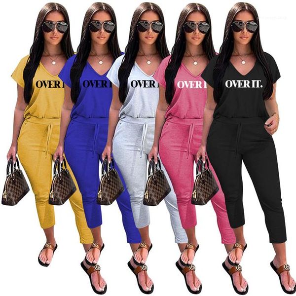 

short sleeve loose tshirt designer pure color cropped pants famale sport set women letter casual tracksuit v neck, Gray