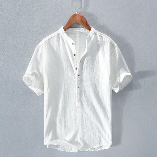 

men's casual shirts 2021 summer short-sleeved style wrinkle cotton and linen shirt men fashion solid pullover for comfortable chemise, White;black