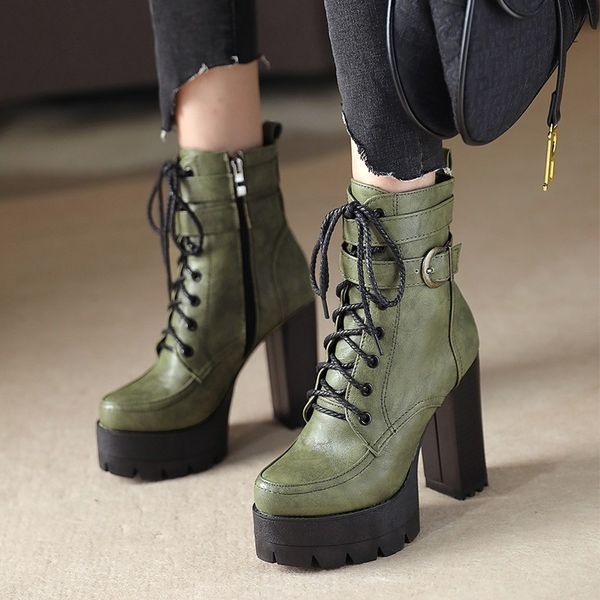 

handmade chunky motorcycle boots for women 2020 winter new round toe platform punk shoes super high heels claf boots big size 43, Black