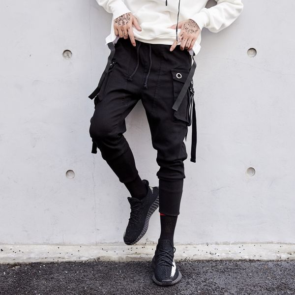

men's pants 2021 clothing gd fashion stylist hip hop catwalk street large pockets ribbon ankle banded harem costumes, Black
