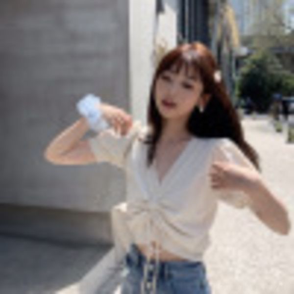 

2020 summer new drawstring short knitwear sleeve knitwear women's soft loose breathable aging bubble sleeve top, White