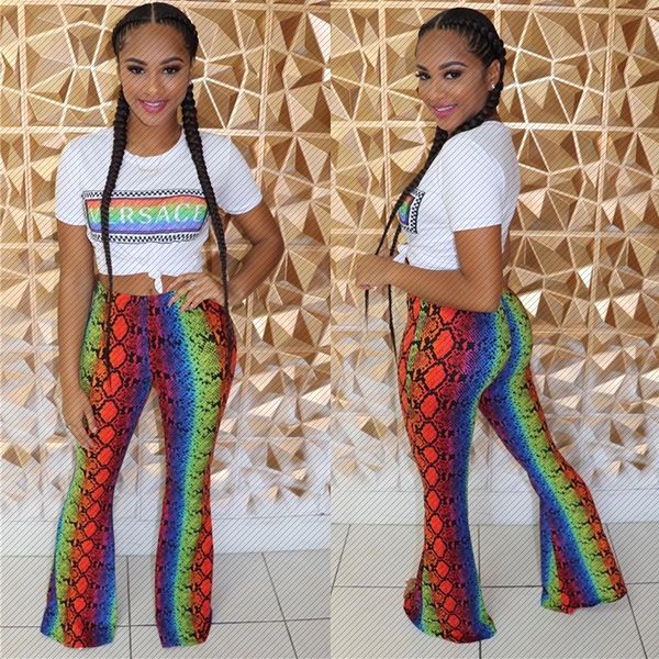 

h8883 selling colorful snakeskin printed trousers positioning printed short-sleeved shirt european and american womens two-piece suit, Black;white