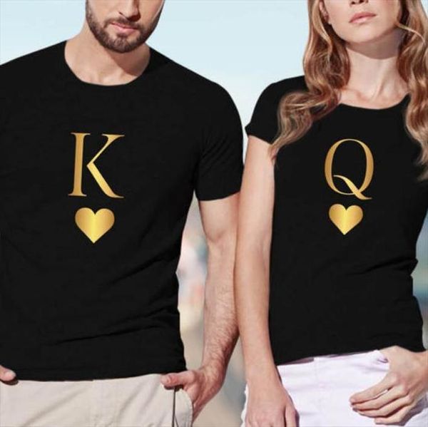 

king queen letter heart print cap sleeve couple t shirt lovers casual tshirt short sleeve o neck loose women tee camisetas, White