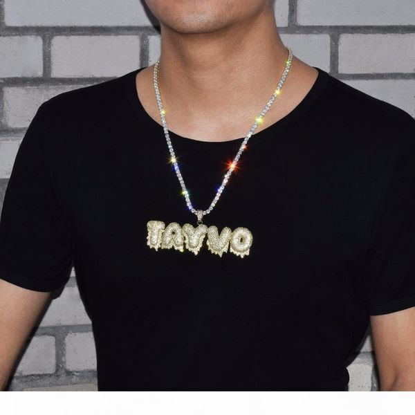 

new seller custom name white drip bubble letters pendants necklaces men's zircon hip hop jewelry with 4mm tennis 20inch chain 2 col, Silver