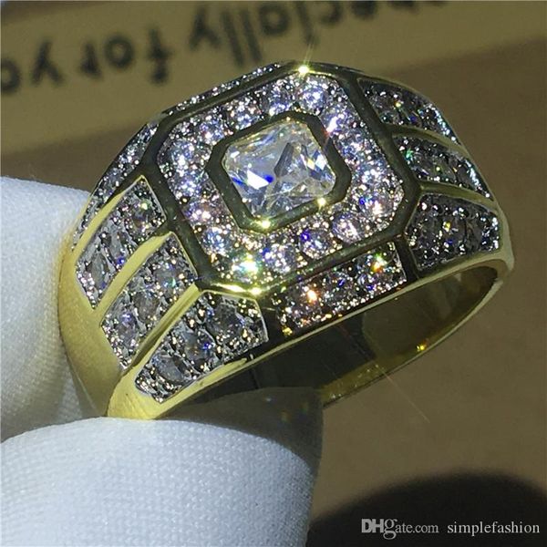 

vecalon deluxe male ring yellow gold filled 925 silver diamonds cz party wedding band rings for men finger jewelry gift, Slivery;golden