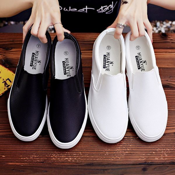 

men's leather shoes flats loafers white leather casual shoes students low-summer men's youth increased, Black