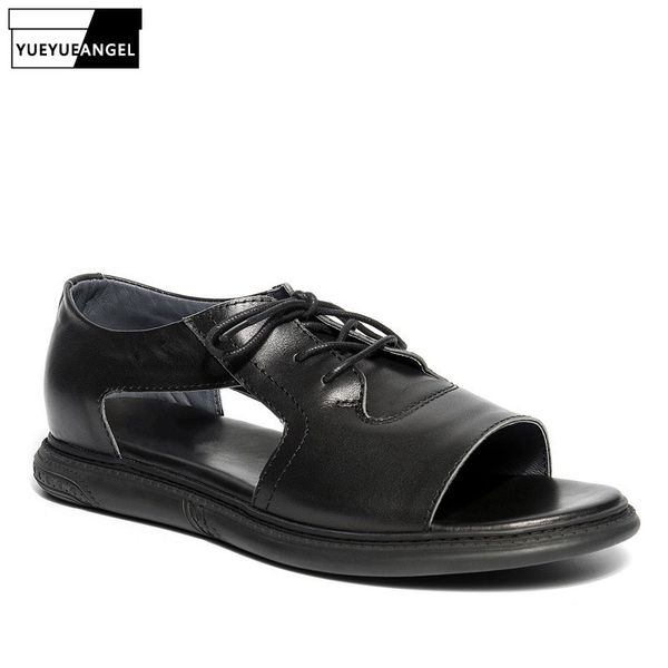 

2020 summer men sandals breathable casual beach shoes 100% genuine leather rome sandals street lace up white platform, Black