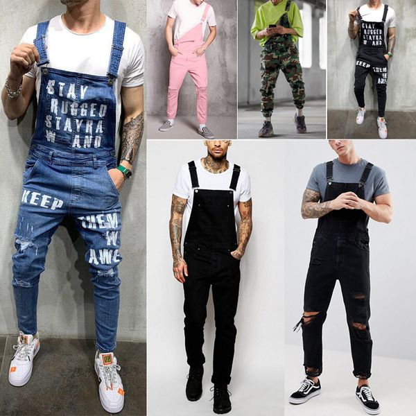 

men's jeans men overalls denim jumpsuit pant skinny frayed long trouser ripped, Blue