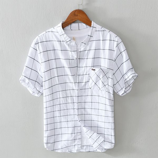 

summer new style short-sleeved pure cotton plaid shirt men stand collar casual brand shirt for men italy comfortable shirts male, White;black