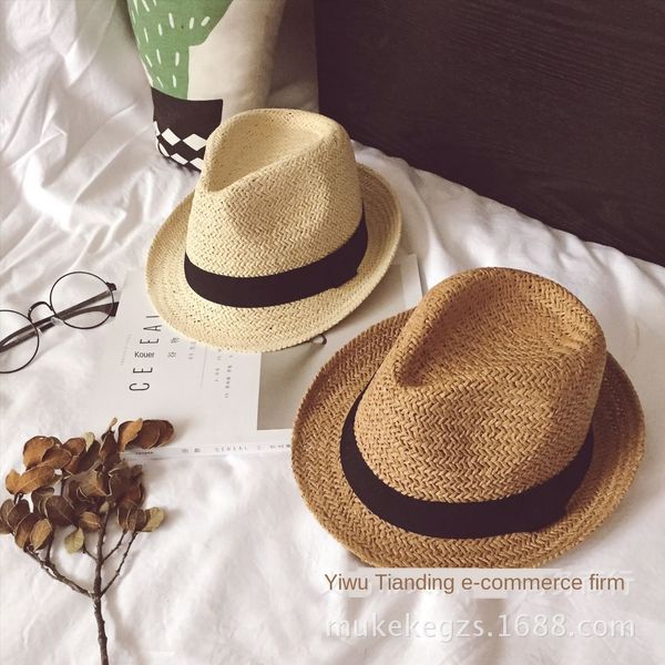 

new parent-child straw summer hollow sunshade children's personality solid color hat travel all-match curling straw hat, Yellow