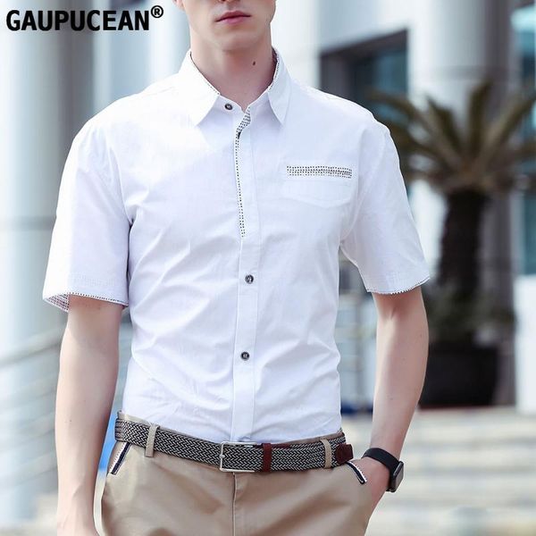 

gaupucean summer man single breasted 100% cotton male navy white grey blue short sleeve solid business formal men dress shirt, White;black