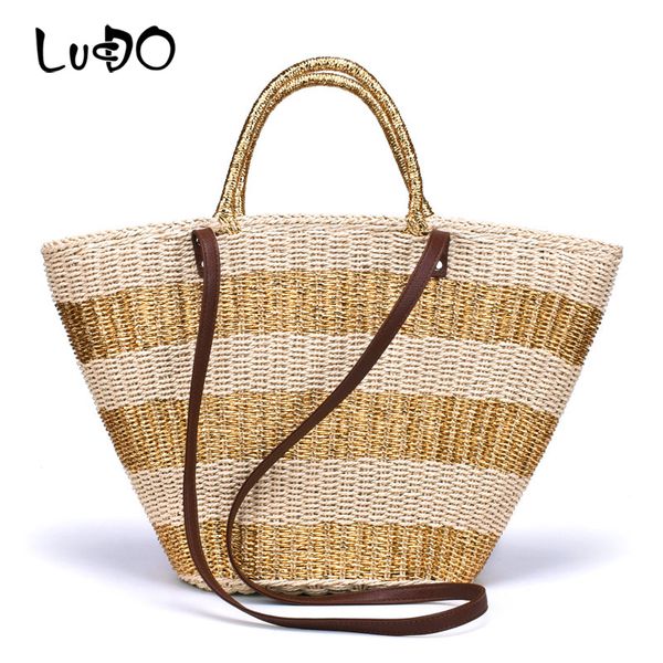 

straw knit beach totes bag bucket summer woven bag manual gold silver striped women handbag quality braided large basket bags