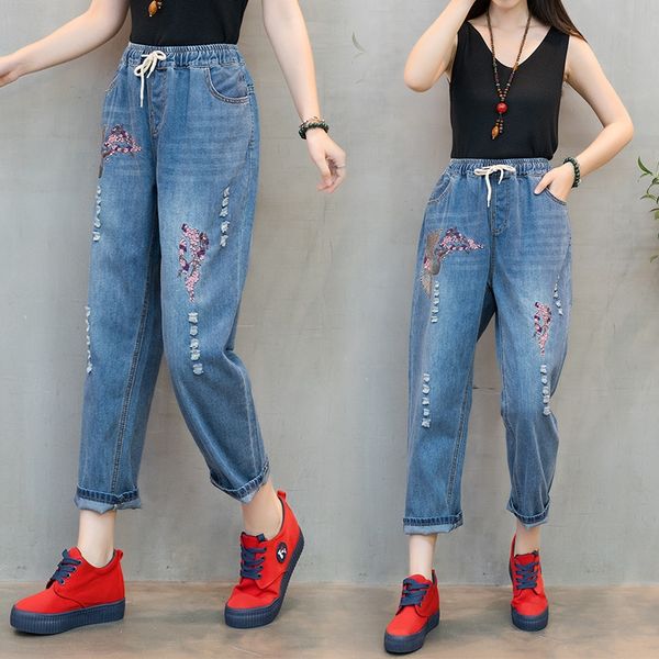 

embroidered high waist harem pants and jeans spring and summer large size women's wear old literary straight slimming jeans, Blue
