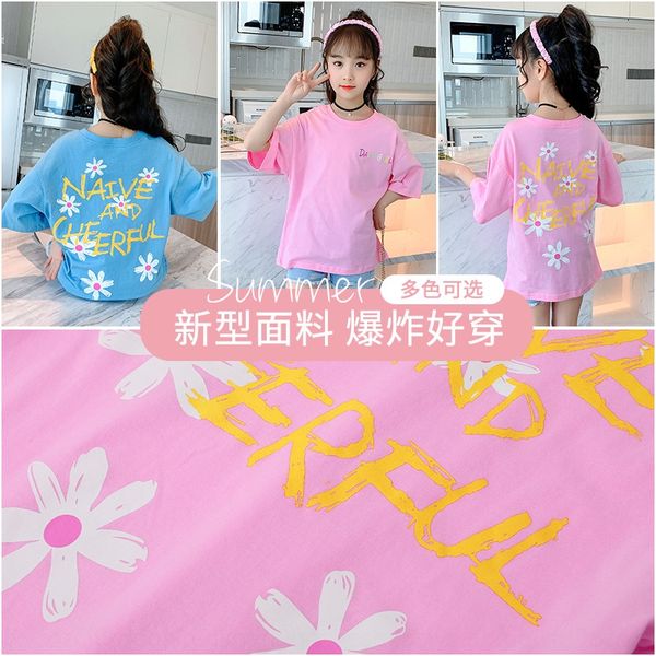 

ghknp girl's t-shirt short-sleeved 2020 summer clothes new western style girl's tide clothing children's clothes half-sleeved, Blue