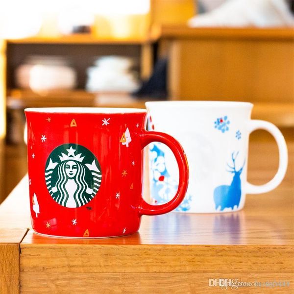 

starbucks red christmas tree & white snow scene elk coffee cup 16oz ceramics mug valentine's day pair cups 777722