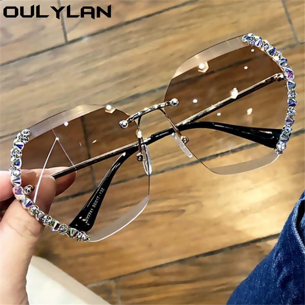 

oulylan 2020 vintage fashion oversized rimless sunglasses women design diamond square sun glasses femael, White;black