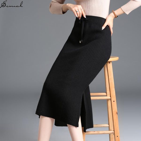 

somal pencil skirts long women casual high waist split knitted skirt lace up elastic band solid office ladies autumn 2020 black