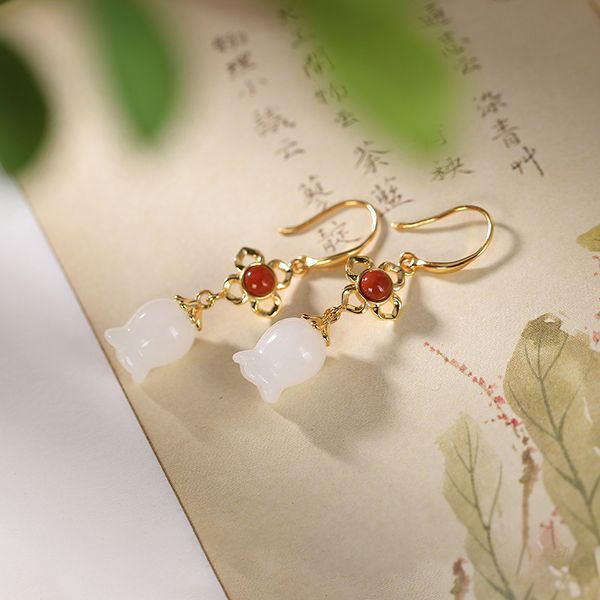 

leouerry хотан jade агатовые orchid серьги падения стерлингового серебра 925 wild джейд падение серьги для женщин lady элегантные ювелирные, Golden;silver