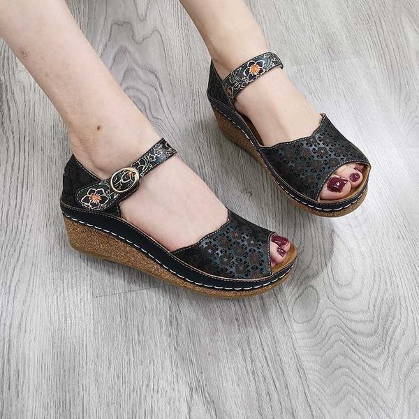 

laura vita females shoes 2020 new summer genuine leather women sandals wedges heels fish mouth shoes delphia, Black