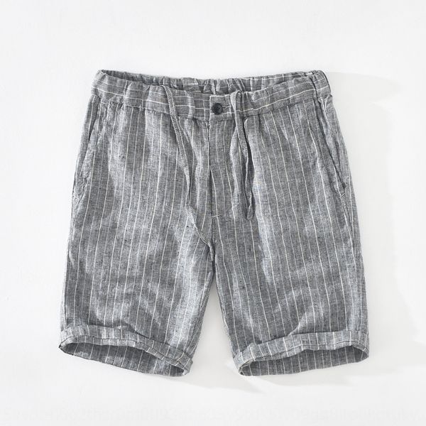 

8179 men's striped linen loose straight casual beach beach cropped pants elastic drawstring casual pants