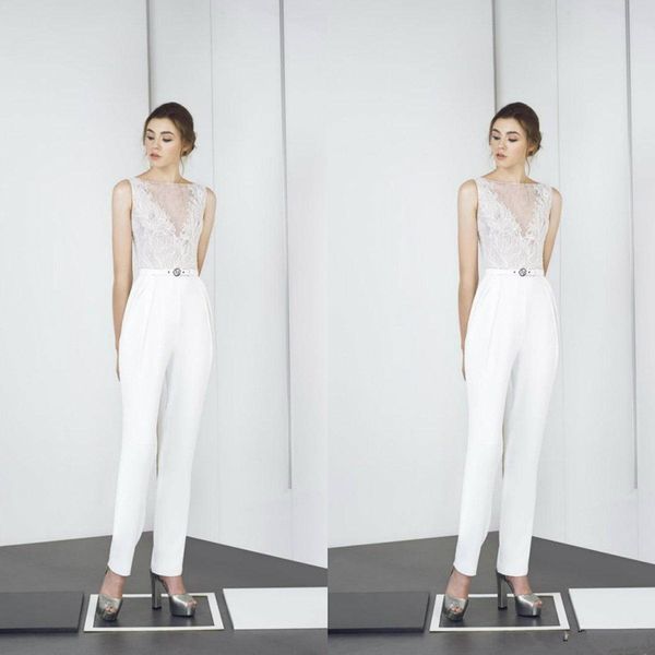 Moderne 2021 Jumpsuits Bateau-Ansatz-Spitze Appliqued Knöchel-Längen-weißes Abendkleid nach Maß Abendkleider Cocktailparty-Wear