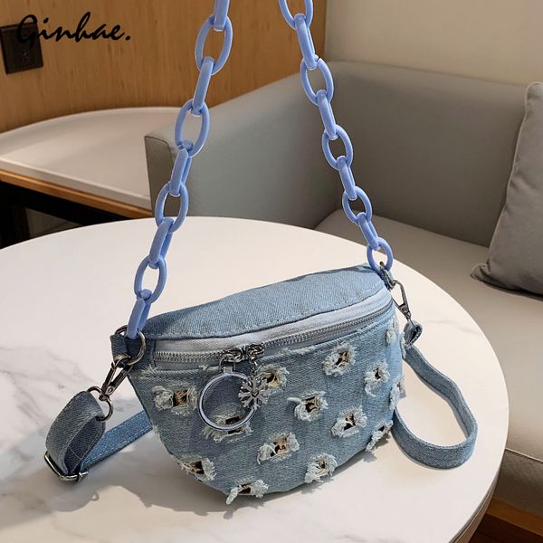 

женская мода ins all-спичечные сумка женщины джинсовый chest сумка регулируемое сумки плеча выдалбливают талии bolsos mujer