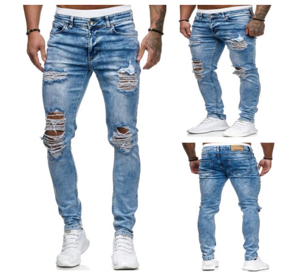 

men designer jeans mens fashion distrresses hole skinny jeans men trend solid color pencil pants boy designer slim long pants, Blue
