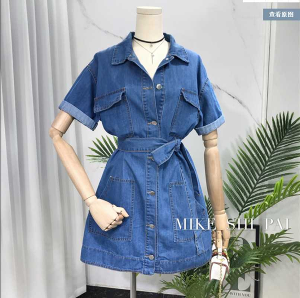

skirts summer 2021 fashion solid color loose belt waist denim shirt dress women short sleeve jeans blouse female leisure, Black