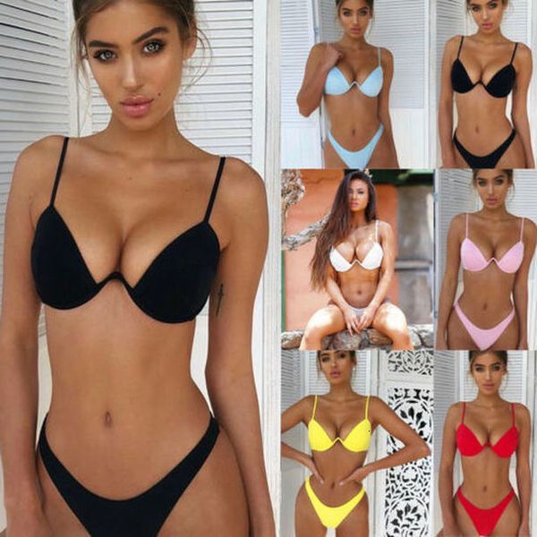

2pcs bikini 2020 new women push up padded bra bikini set solid bandage swimsuit triangle swimwear ladies solid bathing suit beachwear, White;black