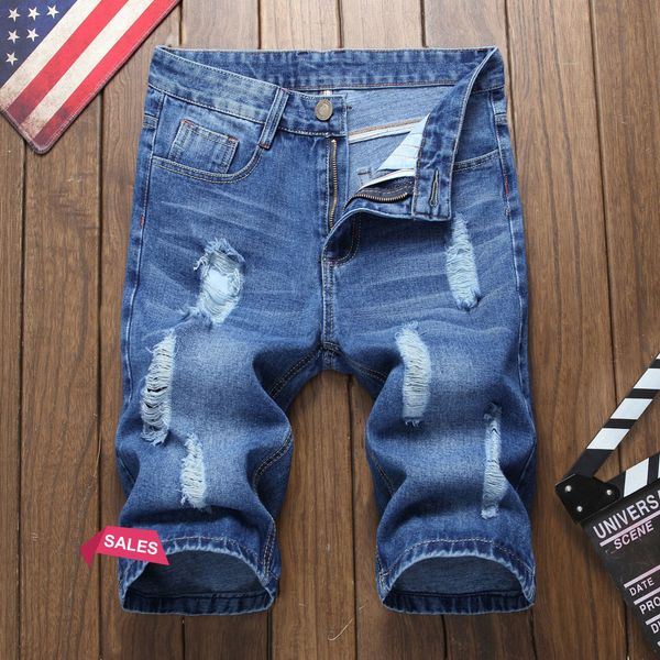 

summer mens jeans shorts ripped denim shorts mens loose l middle straight biker pants elastic slim beggar paragraph 6z0na, Blue