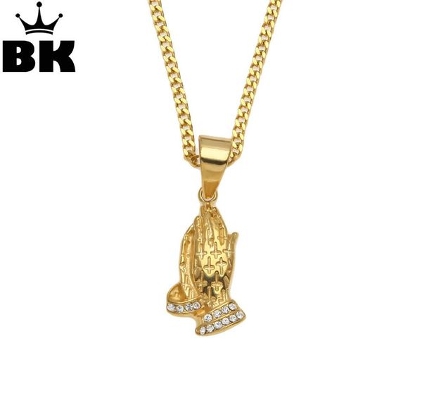 

hip hop stainless steel prayer charm pendant necklace iced out crystal praying hands with cross religious necklace for men, Silver
