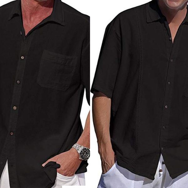 

summer men's blouse shirts baggy cotton linen pocket 3/4 sleeve retro beach men dress shirts camisas hombre clothing, White;black