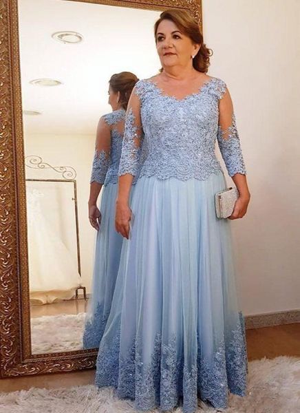 

plus size light blue lace mother of the bride dress for wedding party tulle 3/4 long sleeve ladies formal evening prom gowns, Black;red
