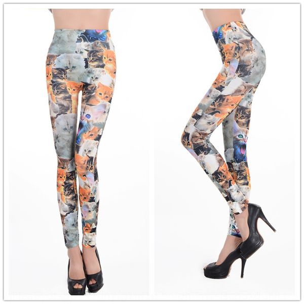 

9570 seamless printed cute kitten tight trousers tight pants printed leggings ankle-length pants elastic leggings, Black