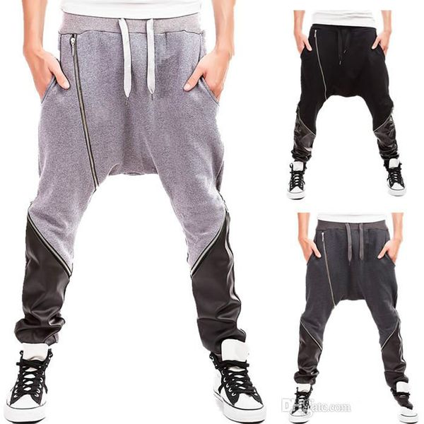 

new men's casual pants men's wear pants haren pants slant zipper pu splicing trousers men hip hop clothings fashion nolty outdoor, Black;white