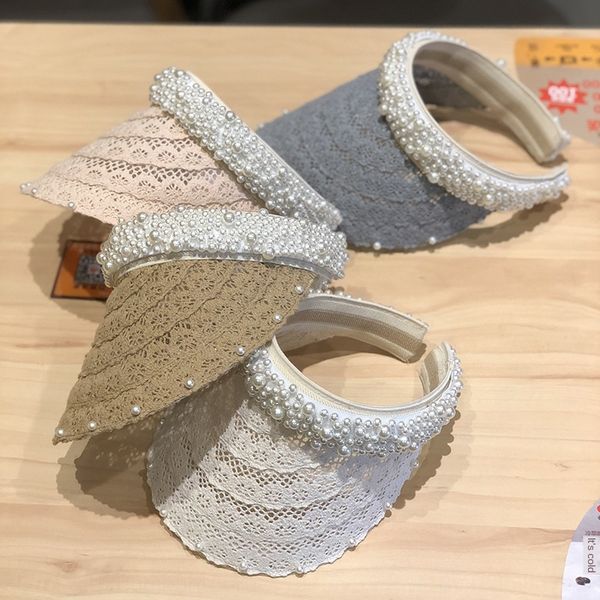 

female summer pearl lace lace pearl new sunscreen holiday beach hat all-match no-sun hat, Blue;gray