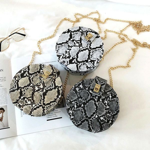 

2020 fashion women round handbag pu shoulder snake skin printed messenger bag women satchel tote purse bags