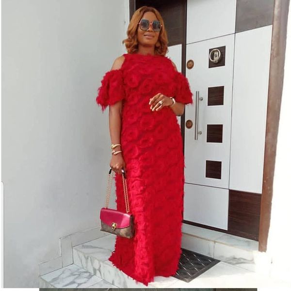 

new african dresses for women fashion women's round neck off-the-shoulder short-sleeved special fur fabric loose dress, Red