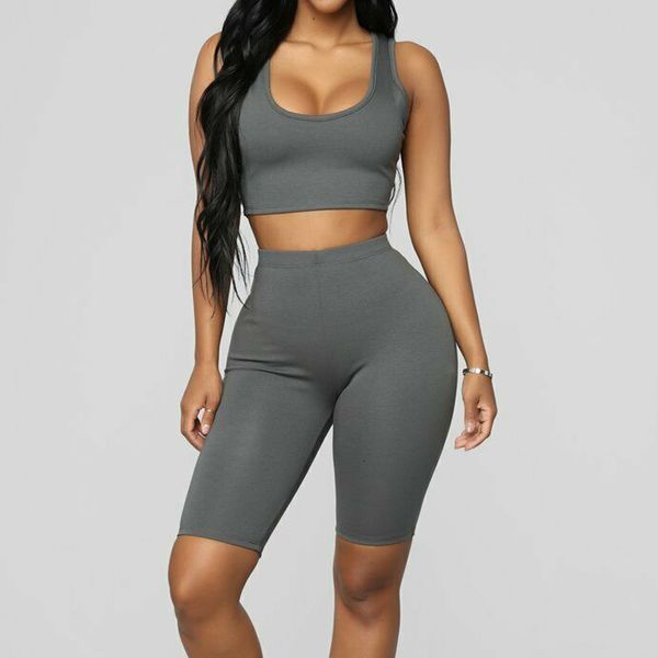 

two piece set summer casual women sports set gym running skinny clothing solid workout sleeveless crop and pants set 2019, Gray