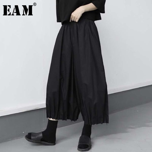 

eam] high elastic waist black pleated split long wide leg trousers new loose fit pants women fashion spring summer 2020 1u729, Black;white