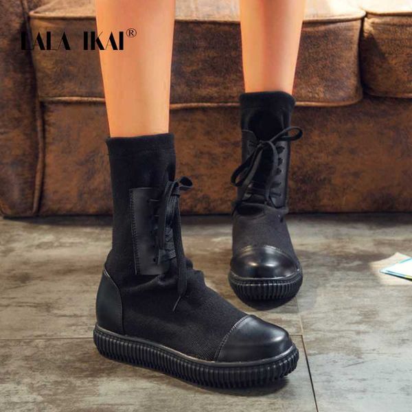 

lala ikai women autumn ankle boots platform wool stretch lacing riding boots splice pu winter female fashion 2020 xwa30707-4, Black