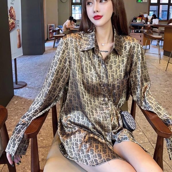 

new autumn 2020 quick hand web celebrity with silk jacquard baggy medium length shirt, White