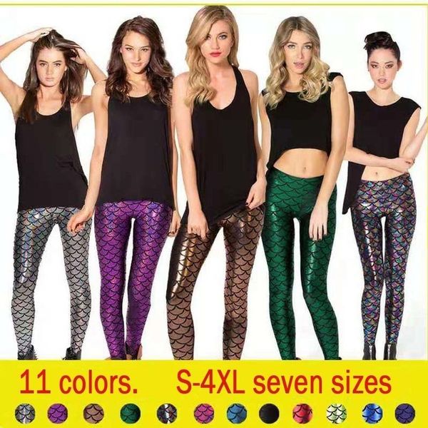 

female models scales leggings 11 colors s 4xl multicolor printing mermaid polyester scales fish print shiny nine points legg, Black