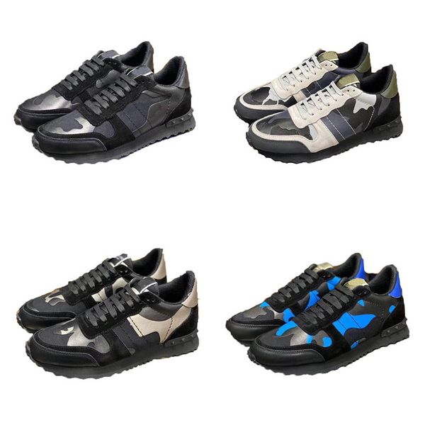 

fashion luxury desginer camouflage shoes platform sneakers men genuine women leather stripe studs run away flat outdoor trainers, Black