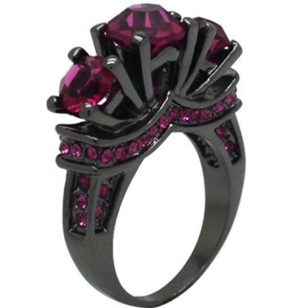 

Size5/6/7/8/9/10 Luxury Three stone 10k black gold filled Amethyst women Gem Wedding Ring gift