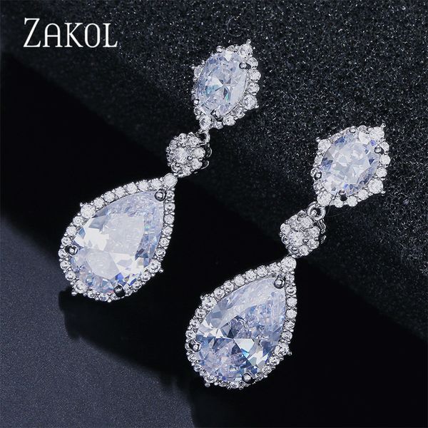 

zakol new elegant cubic zirconia water drop shaped dangle earrings crystal long wedding jewerly for brides fsep2034, Silver