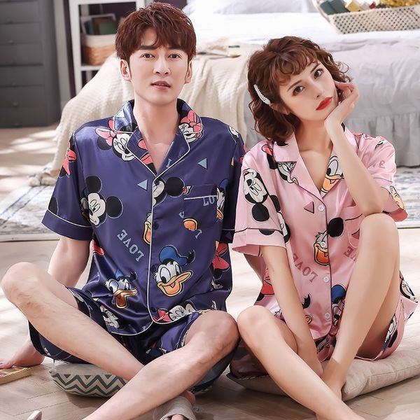 

women's loose ice silk pajamas pajamas women's cute cartoon less cardigan home suit short-sleeved couple two-piece suit, Blue;red